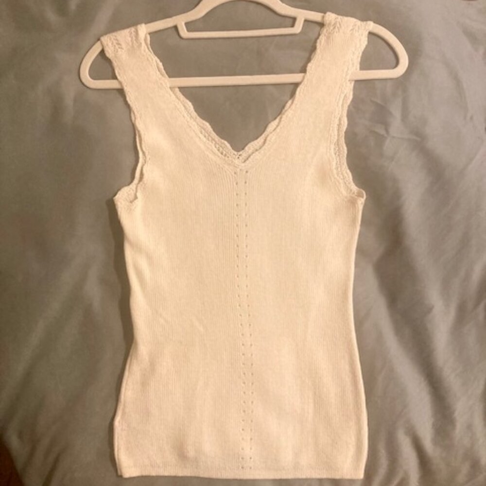 Anthropologie Knitted & Knotted Sweater Cream Sleeveless Lace Boho Size S